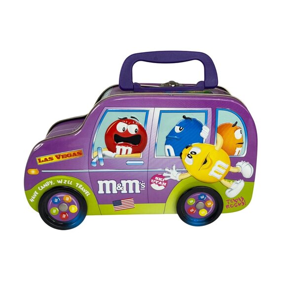 M&Ms 2002 Tin Lunchbox Bus Shaped Purple Handle Latch Vintage - Picture 1 of 11